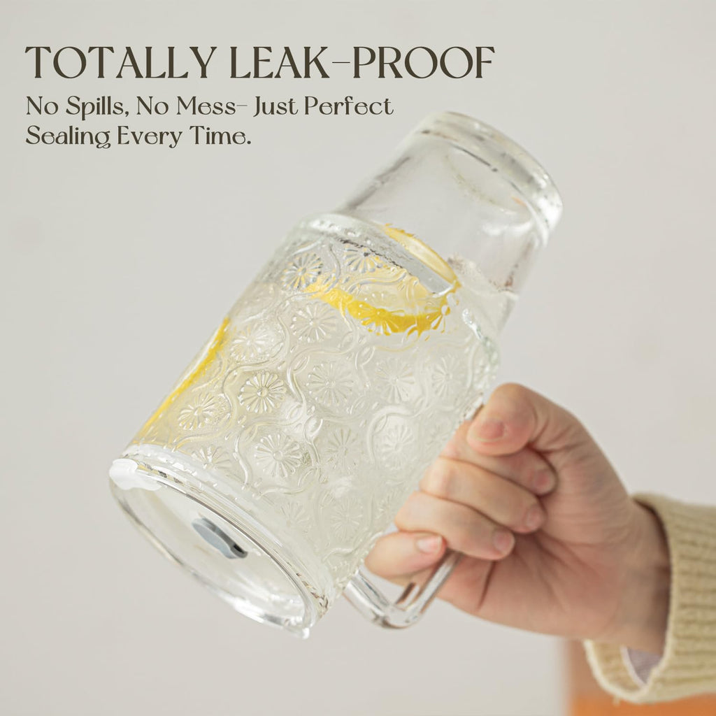 KEMORELA 4-Pack 24 Oz Glass Tumblers with Straws and Lids, Iced Coffee Cups with Begonia Floral Pattern, Smoothie Cups with Handles, Reusable Cold Drinkware, Glass Tumblers for Beverages