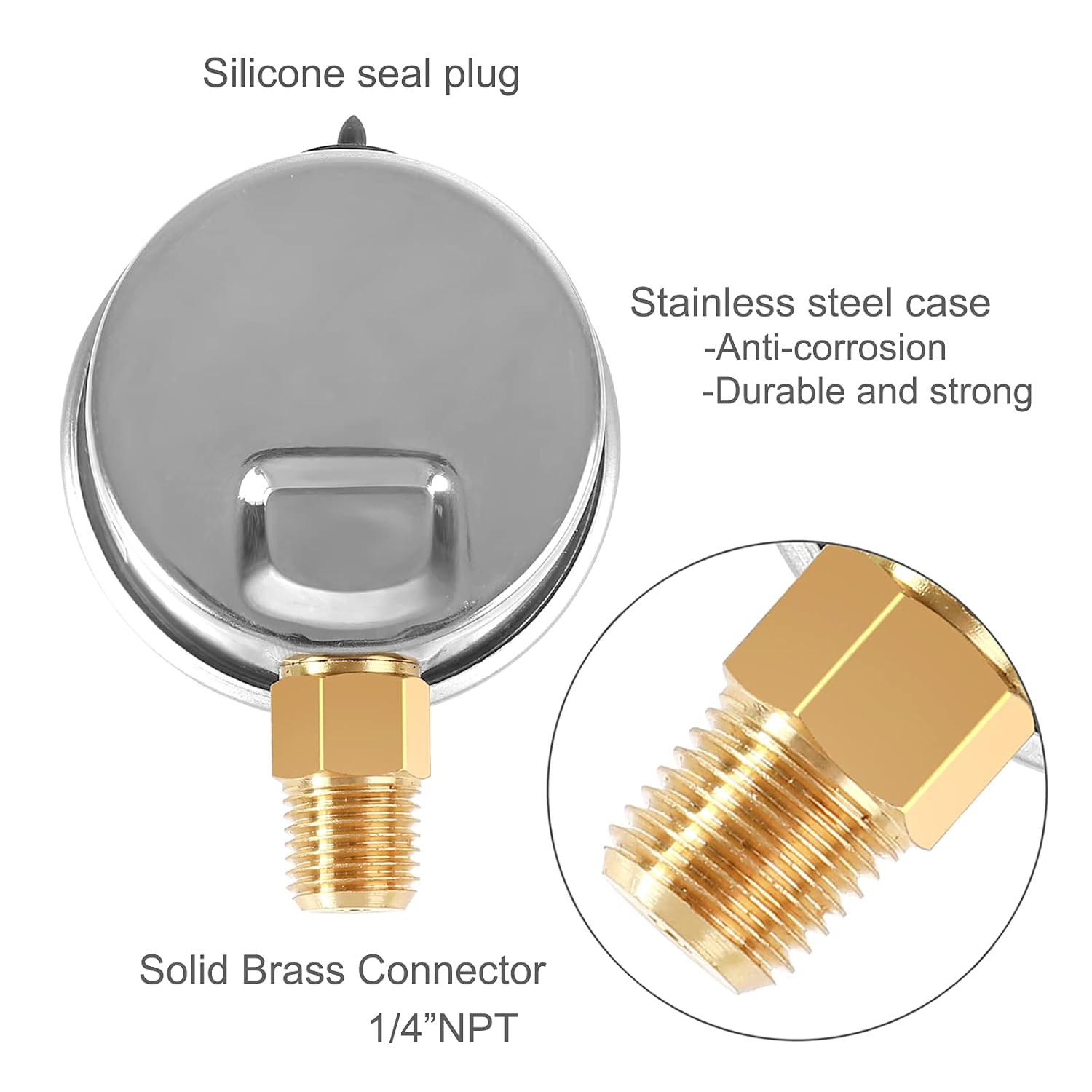 Glycerin Filled Pressure Gauge 200psi/14bar, Stainless Steel case, Brass Inside Construction, 2-1/2" dial, 1/4" NPT Rear Connection.