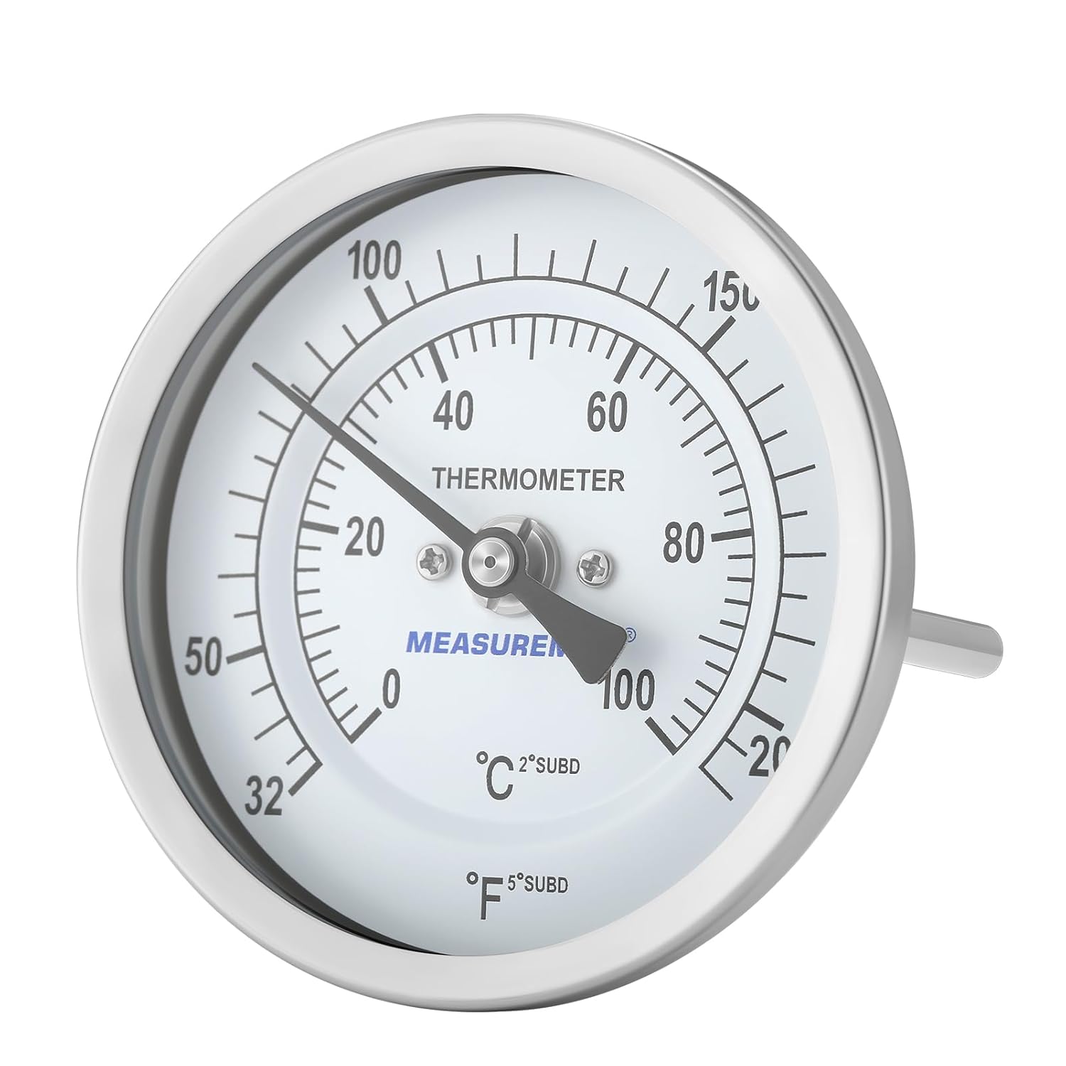 MEASUREMAN Hot Water Thermometer, 3" Dial, 2" Lead-Free Brass Stem, 32-212F/0-100C Range, 2% Accuracy, Adjustable, 1/2" NPT Back Mount