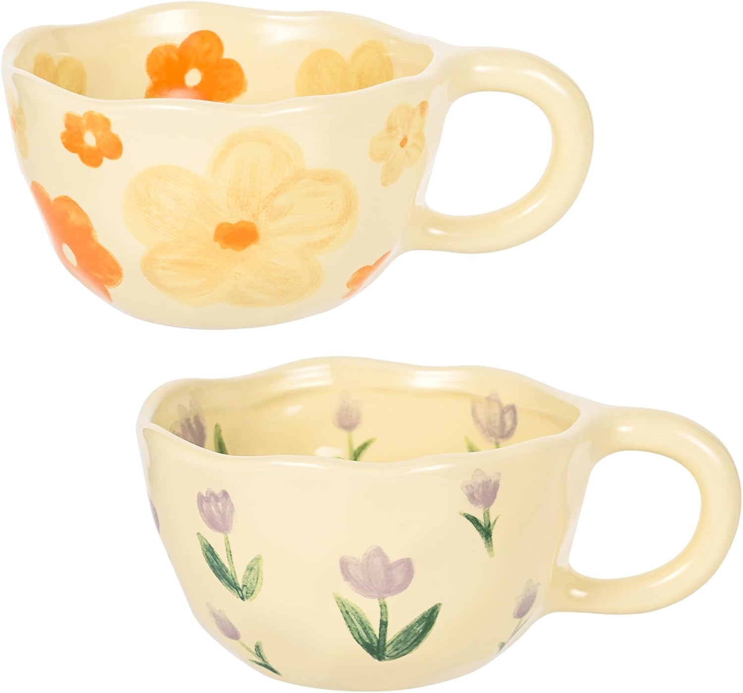 Cute Coffee Mug Set of 2 Vintage Flower Mugs 8 oz Ceramic Floral Coffee Mugs Irregular Latte Art Cup Lead-free Porcelain Cups for Cappuccino, Cocoa (Orange Flowers and Purple Tulips)