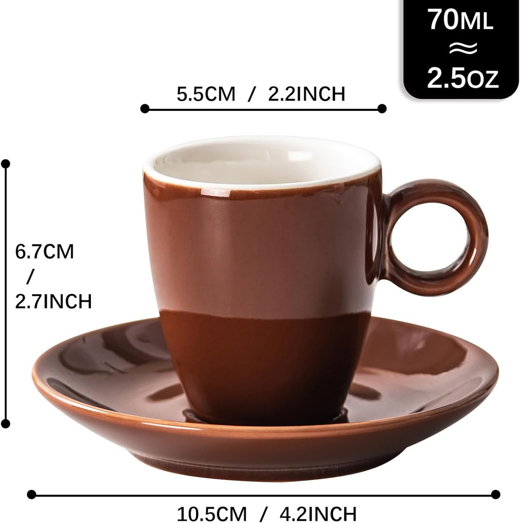 2.5oz Espresso Cups with Saucers Set, Colorful Coffee Cups Set, Ceramics Tea Cup with Handle, Coffee Mugs Set of 6, Assorted Colors