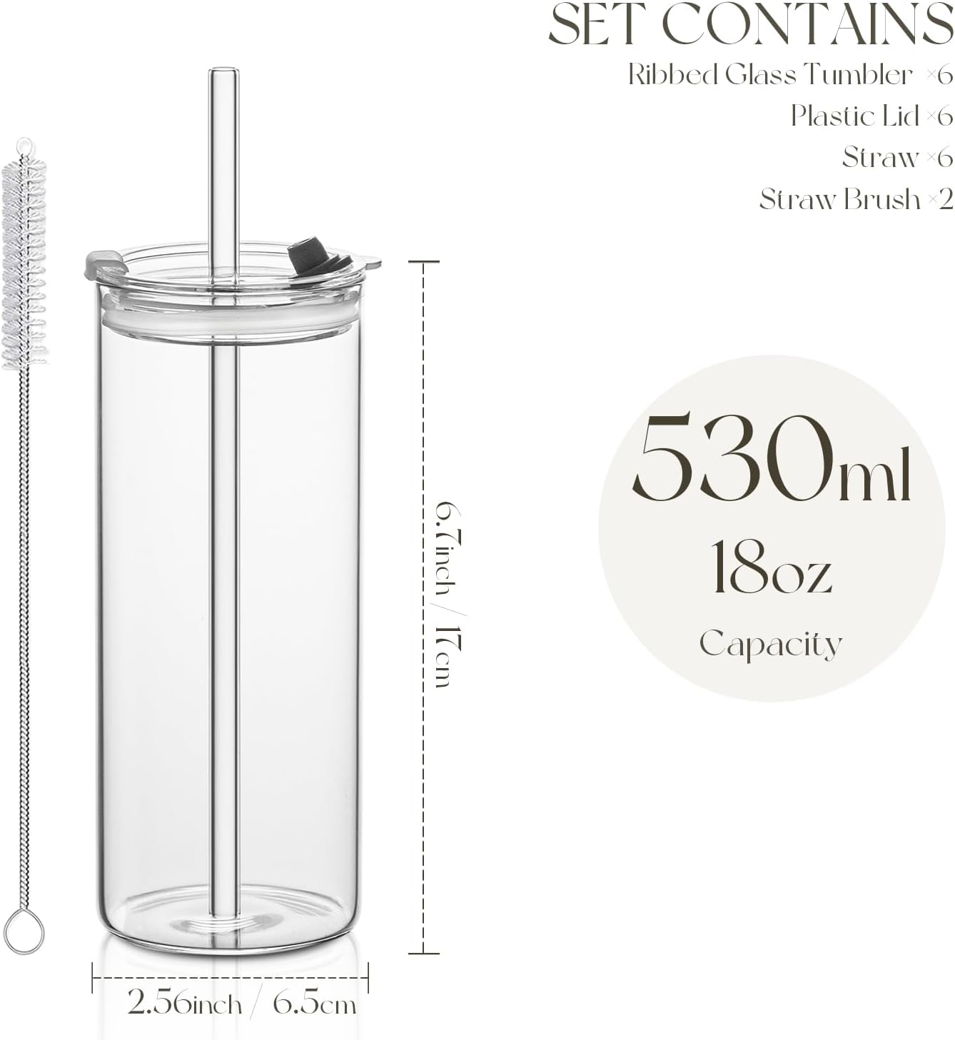 KEMORELA 6-Pack 18oz Large Round Glass Cups with Lids & Straws – Clear Tumblers for Iced Coffee, Juice, Smoothies – Reusable, Leakproof Beverage Set