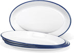 Red Co. Set of 4 Enamelware Metal Classic 13" Serving Oval Tray Platter, Solid White/Navy Blue Rim