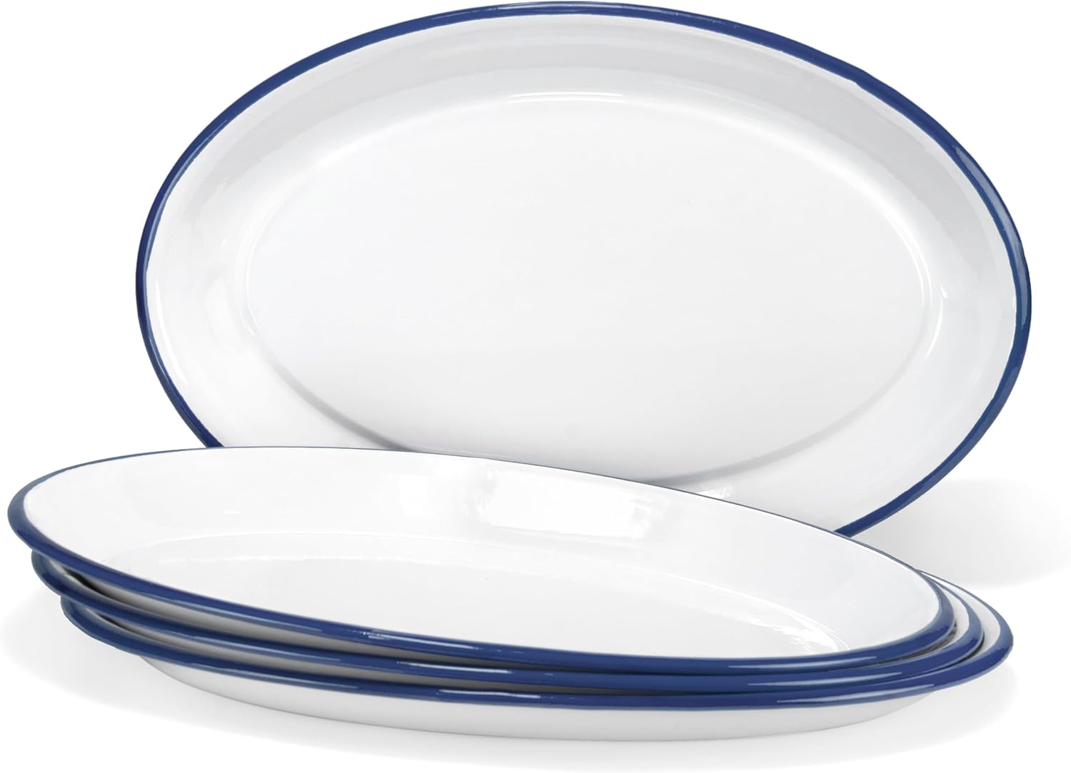 Red Co. Set of 4 Enamelware Metal Classic 13" Serving Oval Tray Platter, Solid White/Navy Blue Rim