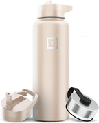 IRON °FLASK Camping & Hiking Hydration Flask with 3 Lids - Stainless Steel, Double Walled & Vacuum Insulated Water Bottle - Leak Proof & BPA Free (Sand, Straw - 40 oz)