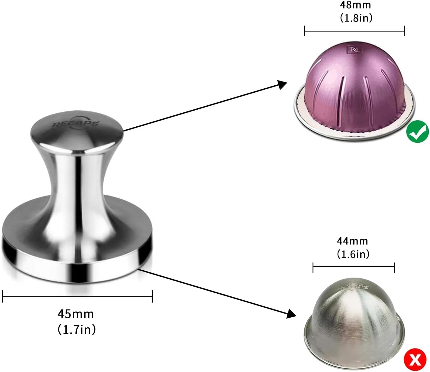 RECAPS Stainless Steel Espresso Coffee Tamper Filling Tool Reusable Coffee Filter Refillable Filter Compatible with Nespresso Vertuo Vertuoline Original Pods 45mm