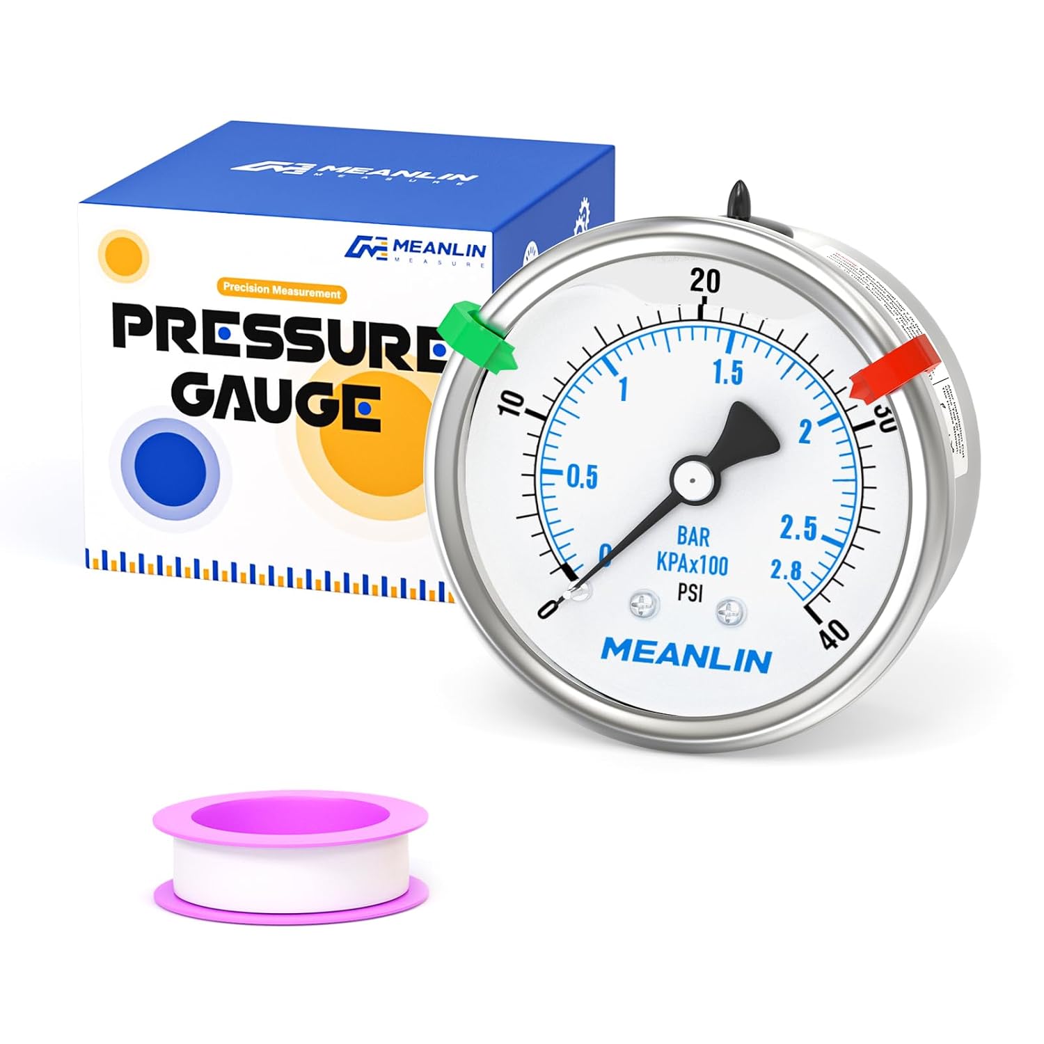 MEANLIN MEASURE 0~40Psi Liquid Filled Pressure Gauge Stainless Steel 2.5" FACE DIAL 1/4" NPT 316 Stainless Steel Joint for Pool Sand Filter Water Oil Air Pressure Test Back Mount, with 2PCS Snaps