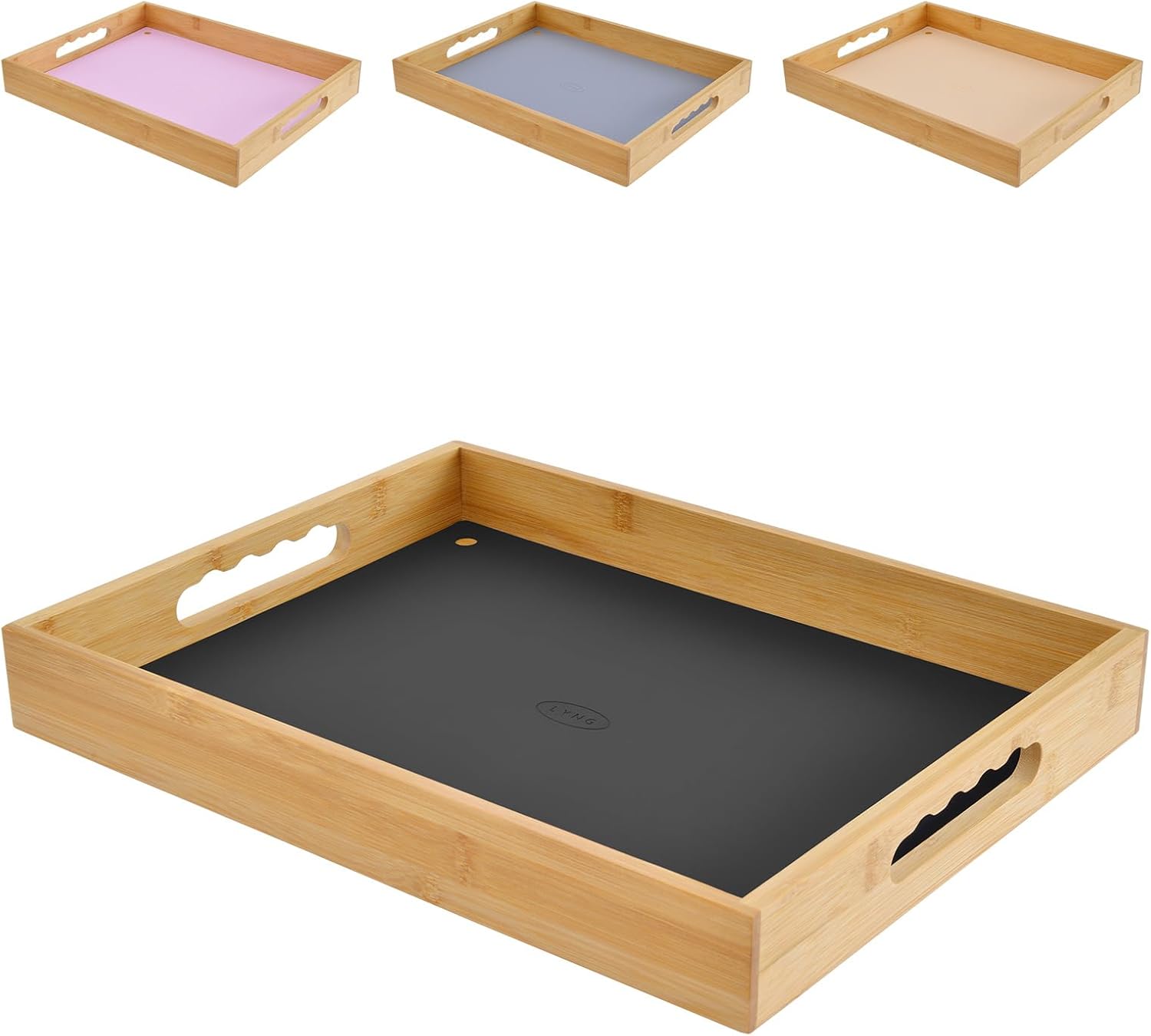 Bamboo Serving Tray, Breakfast in Bed Tray with Removable Silicone Mat, for Pantry Living Room Bathroom Tea Bar