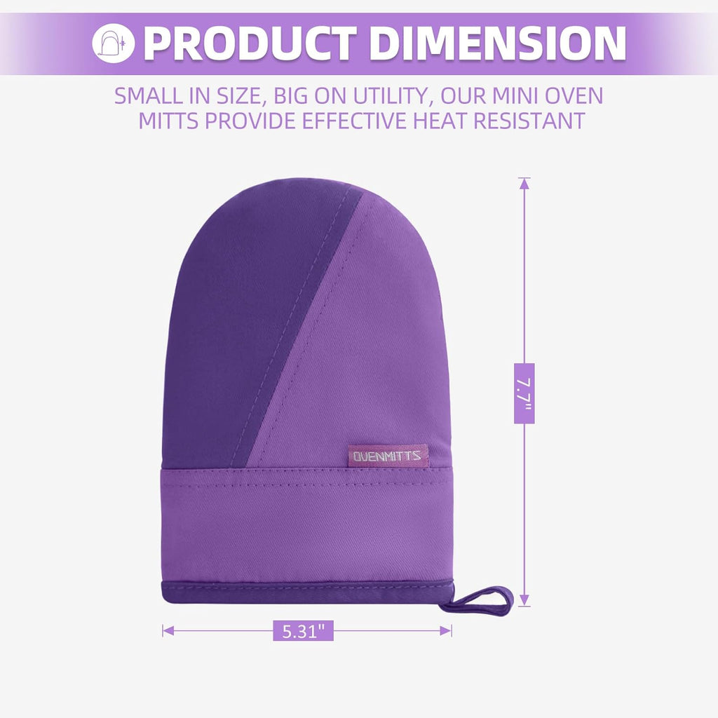Mini Oven Mitts, Kitchen Oven Gloves Kitchen Mittens 500 Degrees Heat Resistant Baking Gloves, Non-Slip Silicone Surface with Hanging Loops Hot Gloves for Cooking, Baking, BBQ 1 Pair-Purple