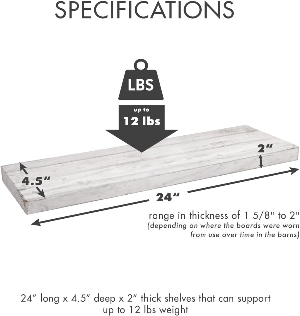 Urban Legacy Reclaimed Barnwood Planks | Floating Shelves for Wall w/Flush Mount Shelf Bracket Set Included | Set of 2 (White Wash, 24"x 4.5"x 2")