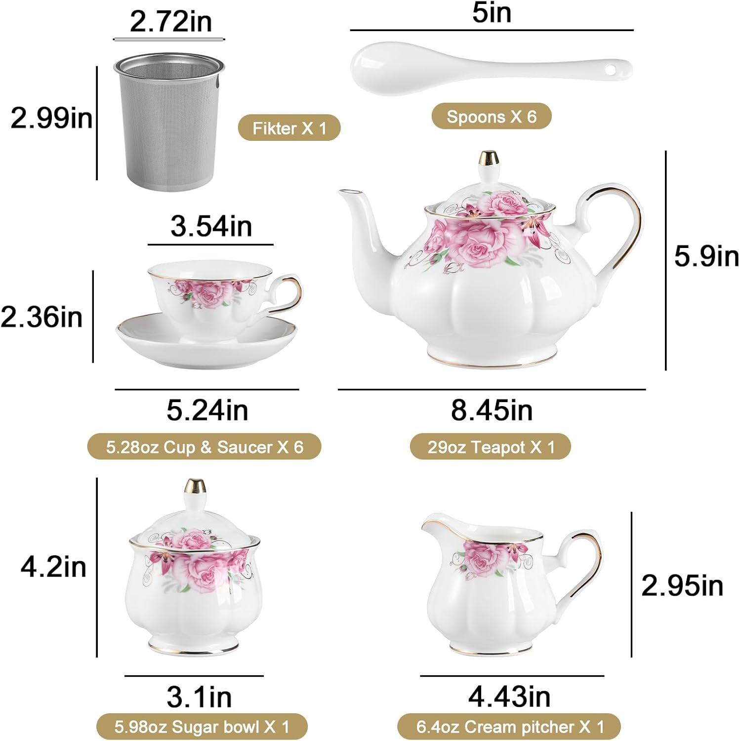 Sweejar Porcelain Tea Sets, Vintage British Floral Relief Gold Rimmed Teapot Cup and Saucer Set, Tea Set Service for 6, with Teapot, Sugar Bowl, Milk Jug, Spoons, Tea Cup and Saucer (Pink Flower)