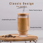 Ribbed Glassware Set of 4, 20oz Origami Style Drinking Glass Cup with Lid and Straw, Iced Coffee, Cocktail, Beer, Juice Stackable Drinking Glasses, Perfect for indoor and outdoor use