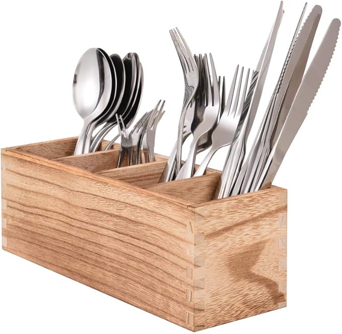 WuGeShop Wood Cutlery Caddy, Kitchen Utensil Organizer with 4 Compartments, Silverware Storage Kitchen Countertop Flatware Organizer