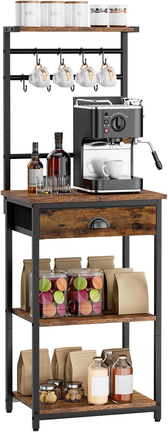 YMYNY 5 Tier Coffee Bar Station, Coffee Stand with Fabric Drawers, 8 S-Shaped Hooks, Corner Bar Cabinet, Height Adjustable, Bakers Rack for Kitchen, Living Room, Rustic Brown HBR009H