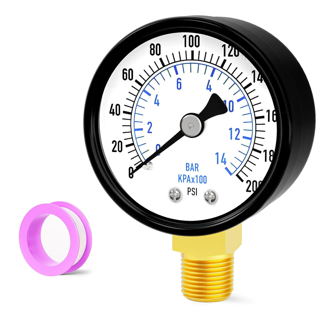 0-200psi Well Pump Pressure Gauge 1/4" NPT 2" Face Dial Size Lower Mount, Multifunctional Practical Dry Pressure Gauge, for Water, Oil and Air Compressor