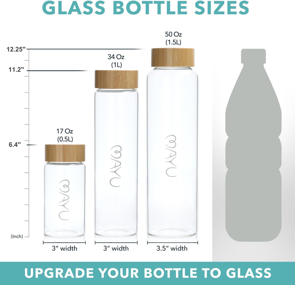 mayu Portable Container Water Bottle With Bamboo Lid - Eco Friendly & BPA Free Borosilicate Glass Infuser Bottle - Leak Free Design - For Storage, Everyday Use And Non-Toxic Hydration - 51oz 1.5L