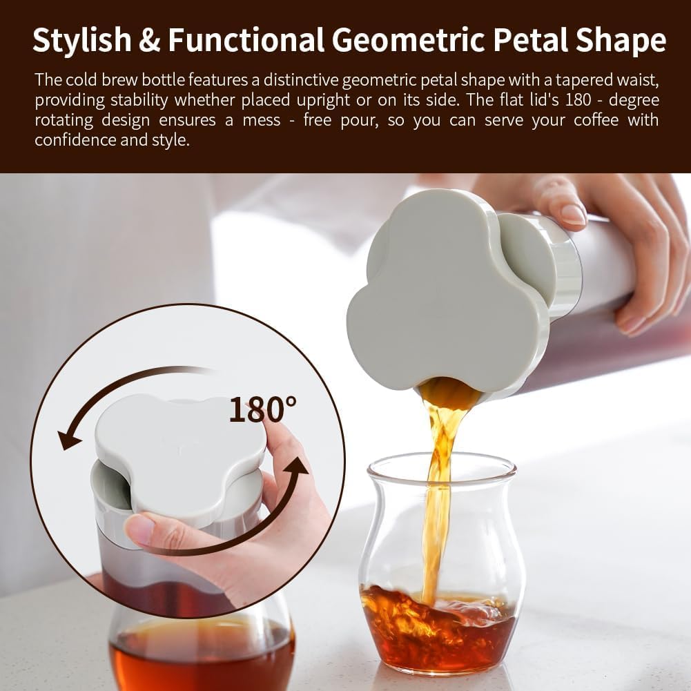 watchget 600ml/20oz Portable Cold Brew Coffee Maker with 300-Mesh Fine Filter & Airtight Seal, Leak-Proof Geometric Petal Design for Home Use, Iced Tea and Coffee Brewer Space Saving Pitcher