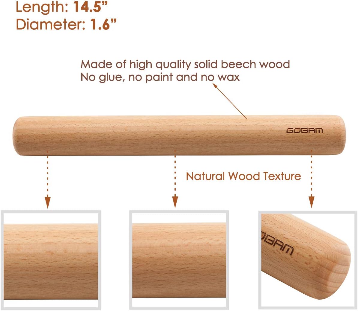 GOBAM Wood Rolling Pin, Large - Dough Roller for Pasta, Cookies, Pie, Pizza, Chapati, Fondant, Rolling Pins for Baking, Bread Making Tools and Supplies - 14.5 x 1.6 Inches
