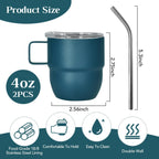 4oz Stackable Cup, Vacuum Insulated Espresso Cup Set of 2, Espresso Shot Mug for Coffee, Double Wall Stainless Steel Mini Tumbler Shot Glasses with Straw and Lid (B-blue2P, 4oz)