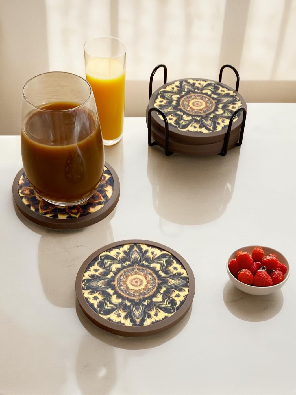 Absorbent Coasters for Drinks with Holder - 6packs, Silicone Coaster with Soft Felt Insert (4.3 inch Coasters with 4.5 inch Holder, Dual-Sided Mandala -Themed Patterns)