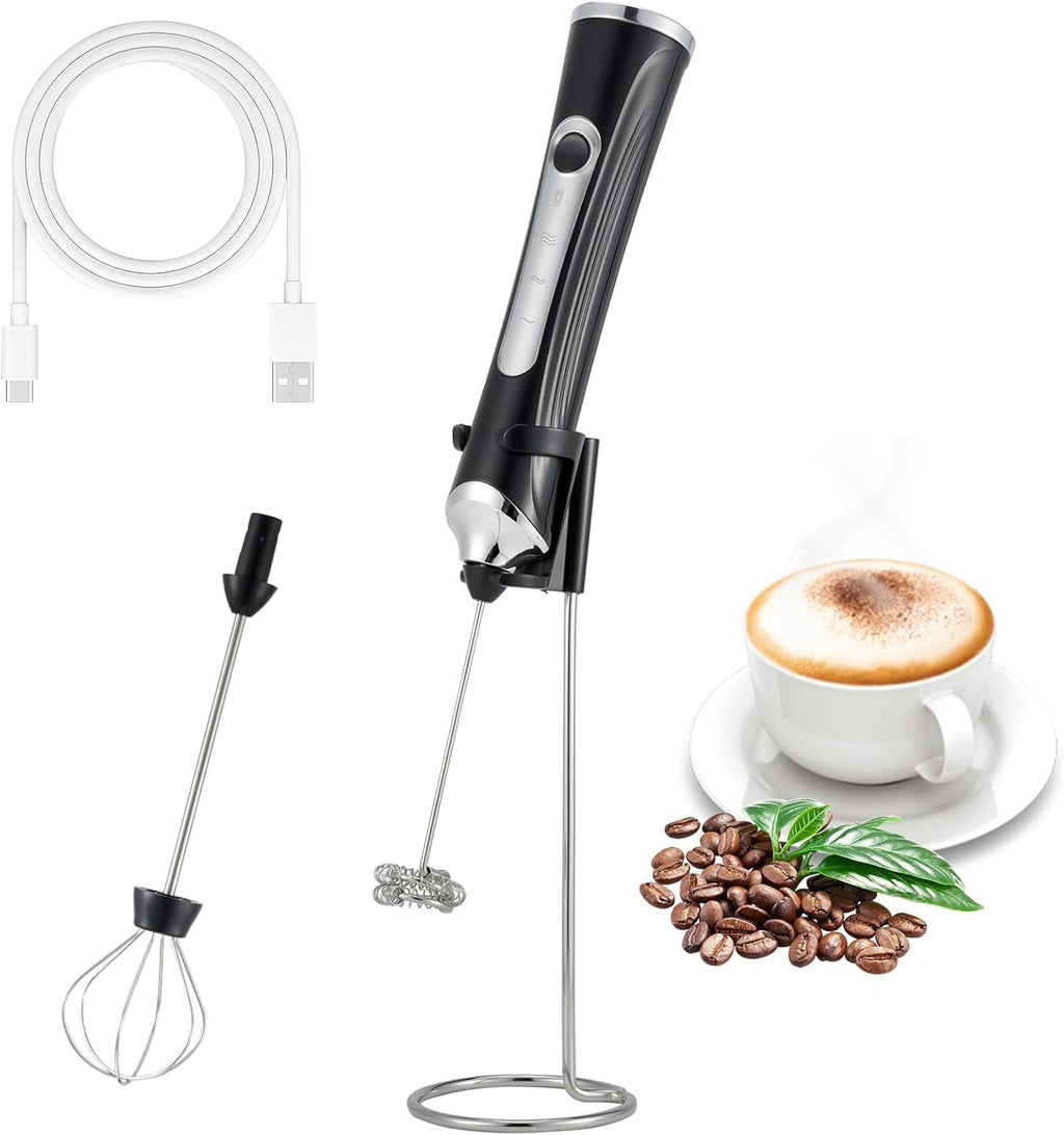 Handheld Electric Milk Frother with 2 Heads, Coffee Whisk Foam Mixer with USB Rechargeable 3 Speeds, Foam Maker Blender for Latte, Cappuccino, Hot Chocolate, Egg (Black with stand)