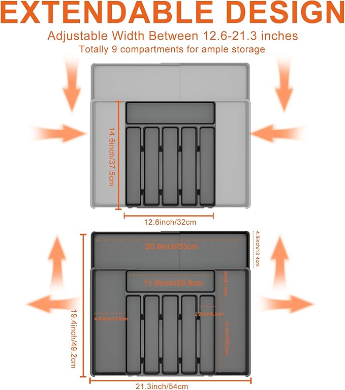 Silverware Organizer, Expandable Kitchen Drawer Organizer, Adjustable Cutlery Organizer, Forks, Knifes, Multipurpose Storage Divider(6-9 Slots), Large, Black