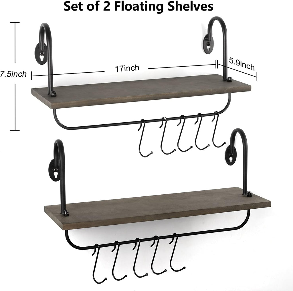 Olakee Floating Wall Shelves for Bathroom Kitchen Coffee Nook with 10 Adjustable Hooks for Mugs Cooking Utensils or Towel Rustic Storage Shelves Set of 2/17x5.9 inch (Weathered Grey)