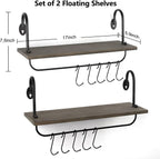 Olakee Floating Wall Shelves for Bathroom Kitchen Coffee Nook with 10 Adjustable Hooks for Mugs Cooking Utensils or Towel Rustic Storage Shelves Set of 2/17x5.9 inch (Weathered Grey)