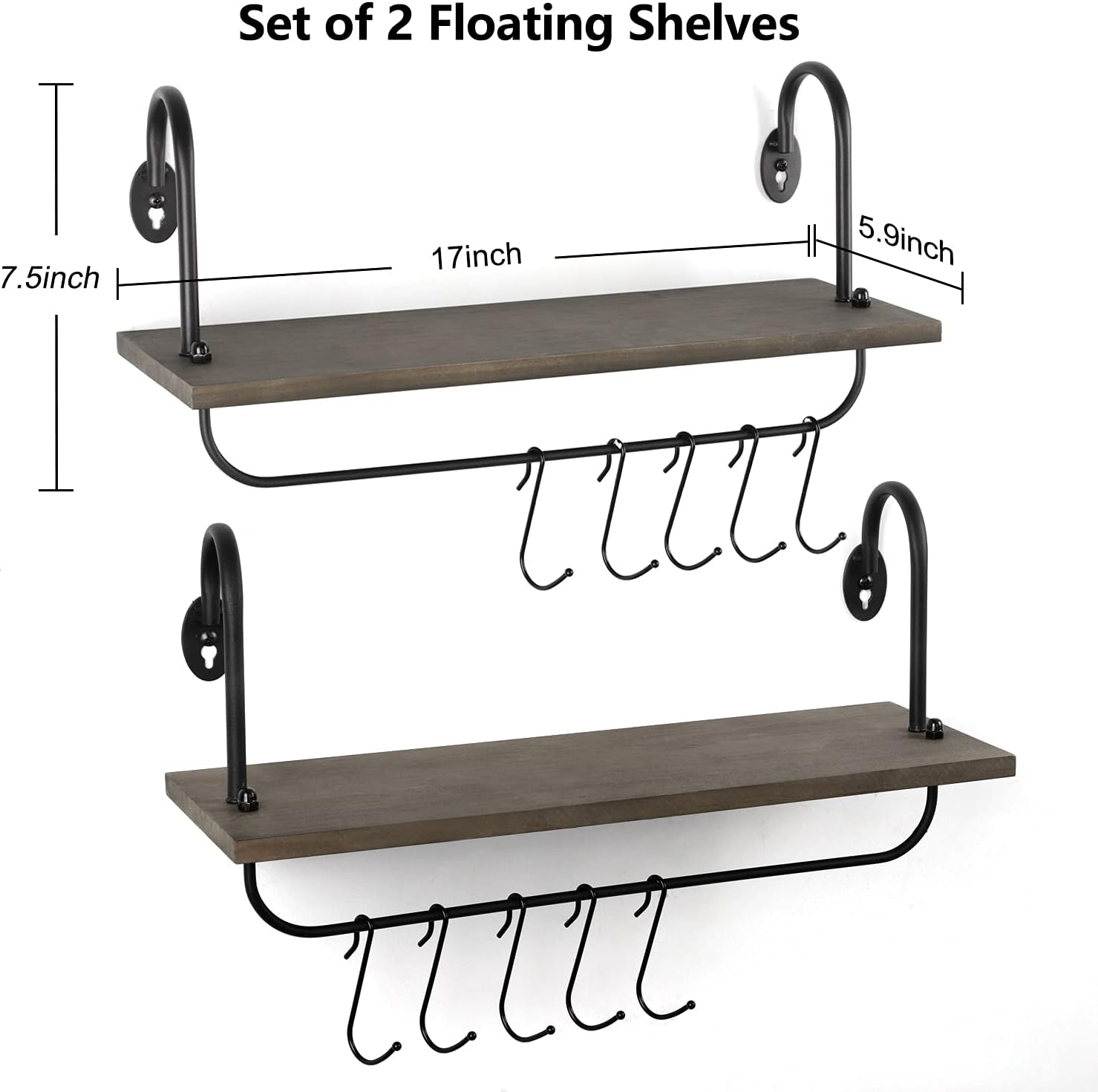 Olakee Floating Wall Shelves for Bathroom Kitchen Coffee Nook with 10 Adjustable Hooks for Mugs Cooking Utensils or Towel Rustic Storage Shelves Set of 2/17x5.9 inch (Weathered Grey)