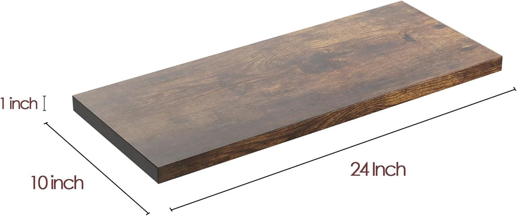 Wall Shelf Set of 1, Rustic Brown Floating Shelves 24 in W x 10 in D x 1 in H, Wooden Floating Wall Shelf with Invisible Brackets for Living Room/Bedroom/Bathroom/Kitchen Storage and Decor