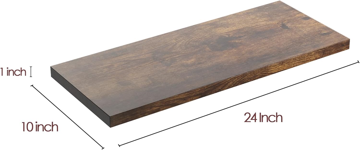 Wall Shelf Set of 1, Rustic Brown Floating Shelves 24 in W x 10 in D x 1 in H, Wooden Floating Wall Shelf with Invisible Brackets for Living Room/Bedroom/Bathroom/Kitchen Storage and Decor