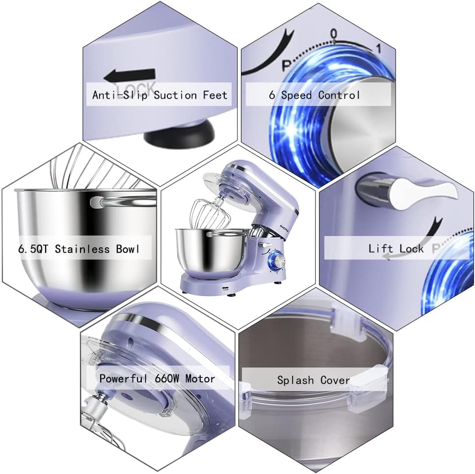 Aucma Stand Mixer,6.5-QT 660W 6-Speed Tilt-Head Food Mixer, Kitchen Electric Mixer with Dough Hook, Wire Whip & Beater (6.5QT, Lavender)
