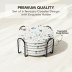 Absorbent Coaster Set of 6 with Holder, Drink Coasters for Coffee Table, Kitchen, Home Decor, Cute Ceramic Round Coasters, Alternative to Silicone, Cork or Glass Coaster (Mosaic with Black Holder)