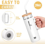 Kodrine Tumbler with Lid and Straw, 20 oz Glass Coffee Tumbler with Handle, Smoothie Cup with Bamboo Lid | Time Marker | Silicone Protective Sleeve, BPA Free - White