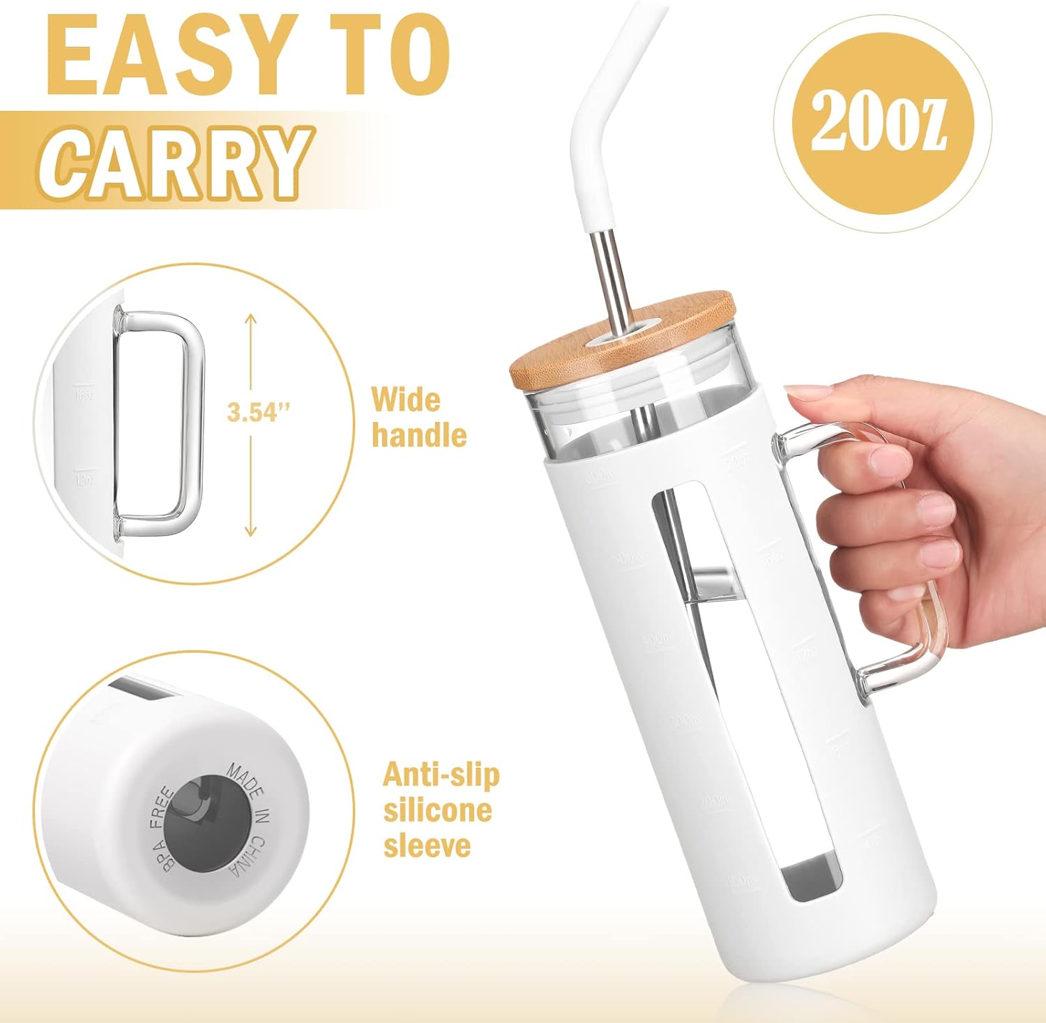 Kodrine Tumbler with Lid and Straw, 20 oz Glass Coffee Tumbler with Handle, Smoothie Cup with Bamboo Lid | Time Marker | Silicone Protective Sleeve, BPA Free - White