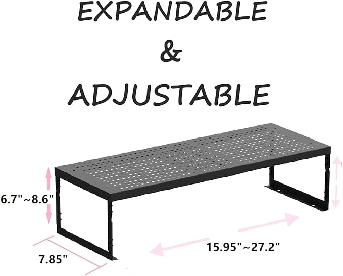 Stackable Expandable Metal Shelf Organizer - Adjustable Wire Storage Rack with Holes for Kitchen, Bathroom, Cabinet, Office - Space Saving, Durable & Sturdy Design（1PACK/Medium/Black