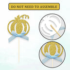 24pcs Pumpkin Cupcake Toppers, Fall Theme Cake Decoration for Baby Shower Party Supplies (Blue Bow)