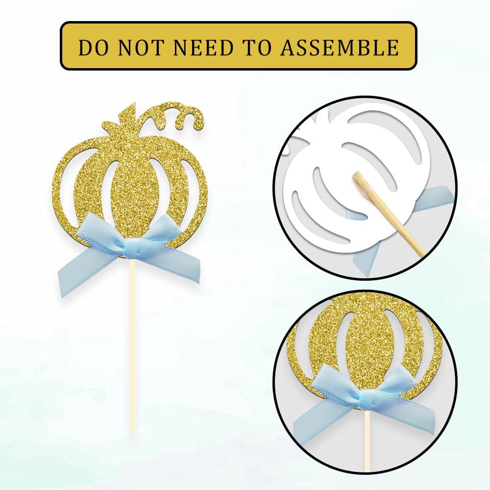 24pcs Pumpkin Cupcake Toppers, Fall Theme Cake Decoration for Baby Shower Party Supplies (Blue Bow)