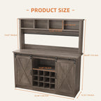 4ever2buy Farmhouse Coffee Bar Cabinet with 4 Storage Hutch, 55”Coffee Bar with Sliding Barn Doors, Hutch Cabinet with 12 Wine Racks & 8 Hooks for Dining Room, Kitchen, Wash Grey