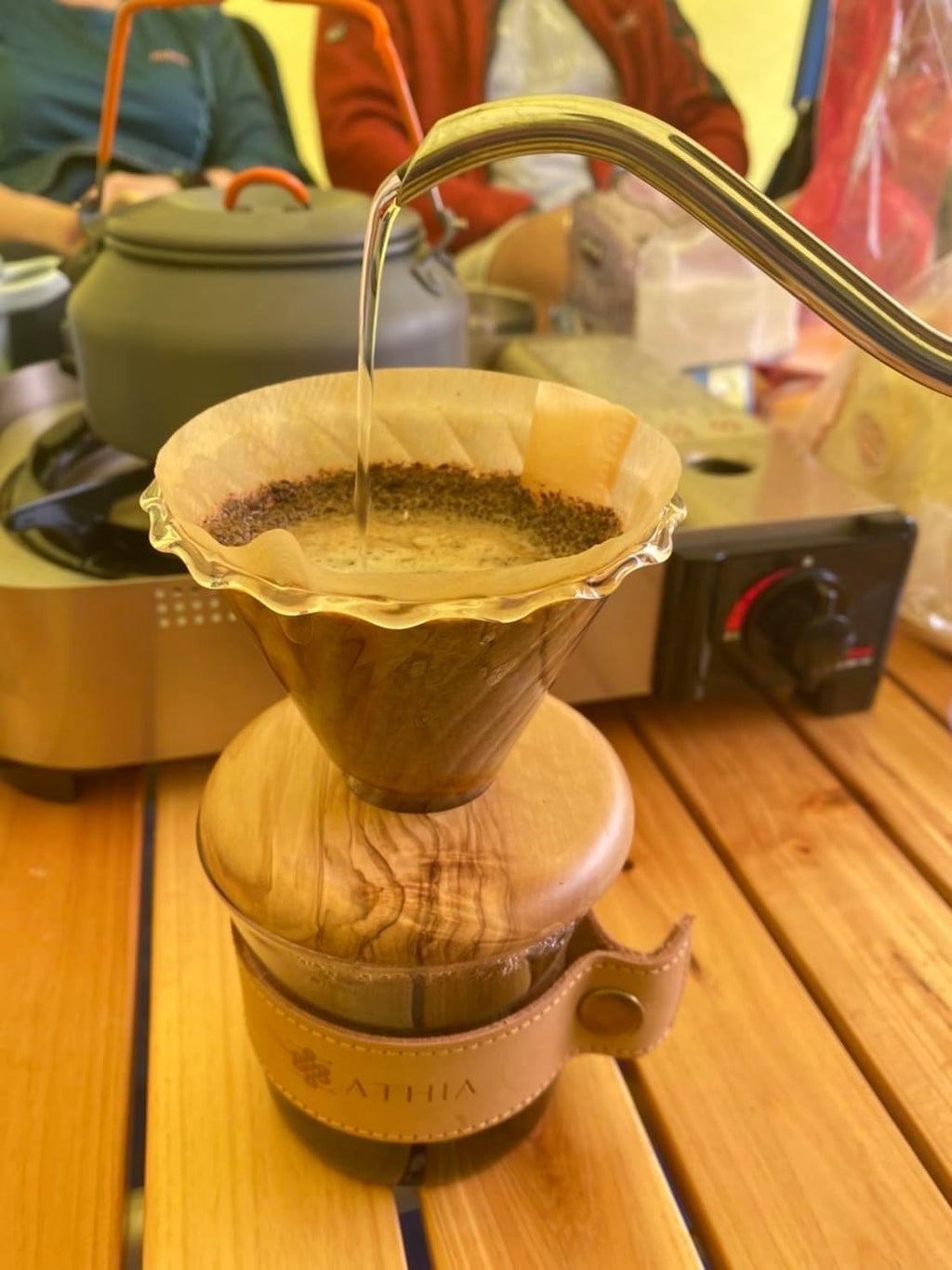 ATHIA glass pour over coffee maker set, minimalist drip coffee maker with reusable cloth filter, glass coffee dripper, olive lid & leather sleeve for single cup manual brewing (Olive Wood)