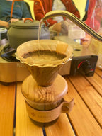 ATHIA glass pour over coffee maker set, minimalist drip coffee maker with reusable cloth filter, glass coffee dripper, olive lid & leather sleeve for single cup manual brewing (Olive Wood)