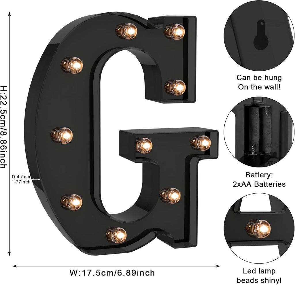 Foaky Black LED Letter Lights for Room Decor - Bedroom Wall Decor, Alphabet Lights for Home, Wedding, Party - Battery Operated （G）