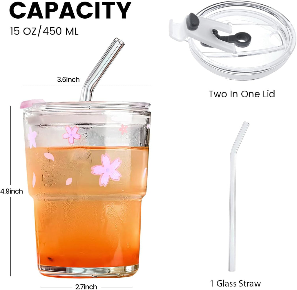 Iced Coffee Cup, 15Oz/450ml With Lids and Straws, Thick Wall Glass Mug for Tea Water, Cute Tumbler Gifts (Pink)