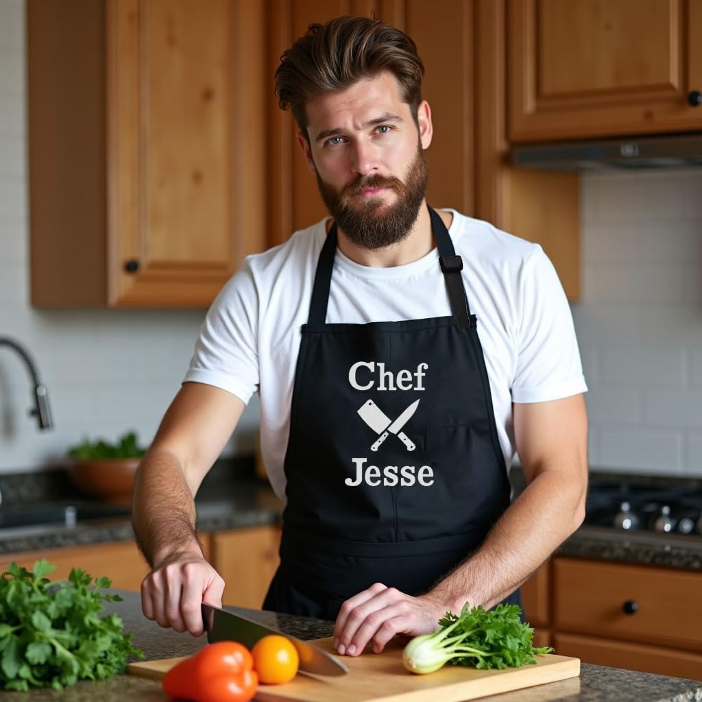 Personalized Chef Apron for Men, Custom Embroidered Design, Professional Kitchen Cooking BBQ Grilling for Dad, Decorated in USA