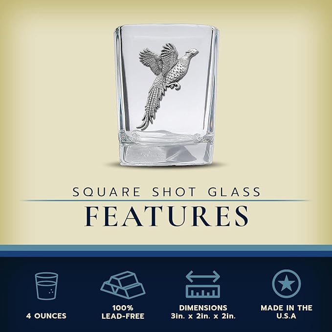 Heritage Pewter Pheasant Square Shot Glass | Hand-Sculpted 1.5 Ounce Shot Glass | Intricately Crafted Metal Pewter Inlay