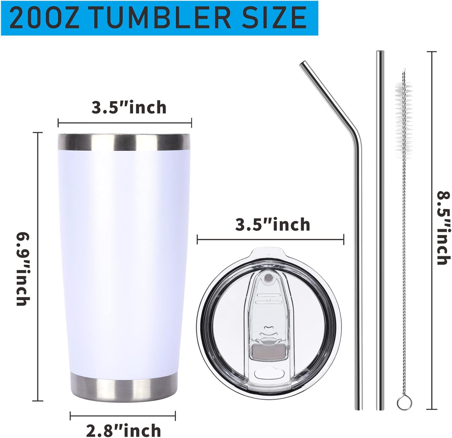Pandance 20oz Stainless Steel Insulated Tumblers with Lid and Straw Bulk, Double Wall Vacuum Water Cups for Hot & Iced Coffee Drinks Travel Mug (White, 8 pack)