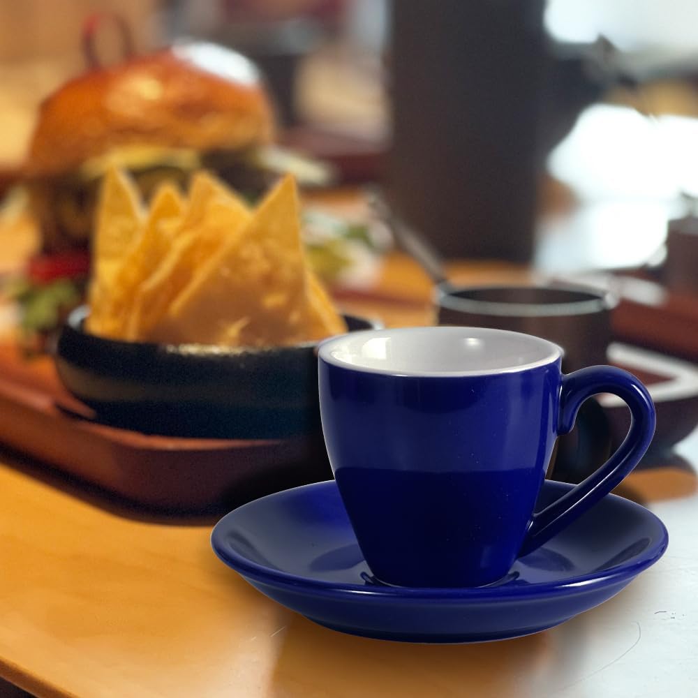 homEdge Porcelain Espresso Shot Cup Set with Saucers and Stainless Steel Spoons - 80 ml / 2.67 oz, Set of 4, Navy