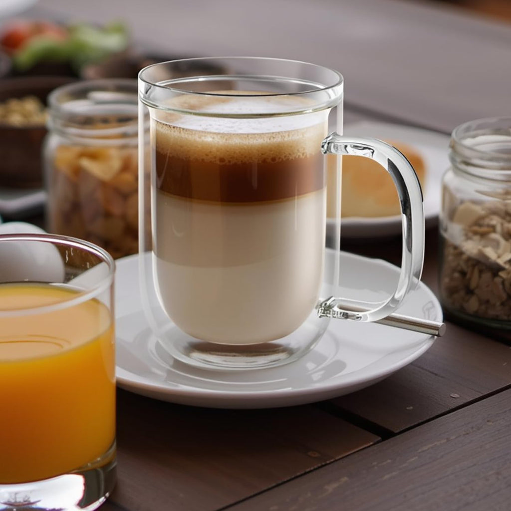 Aquach 16 Oz Double Walled Glass Coffee Mugs, Clear Glass Coffee Tea Cups, Microwave and Dishwasher Safe Home Office Insulated Glass Cups Perfect for Americano Latte Hot&Cold Beverages, 2-Pack