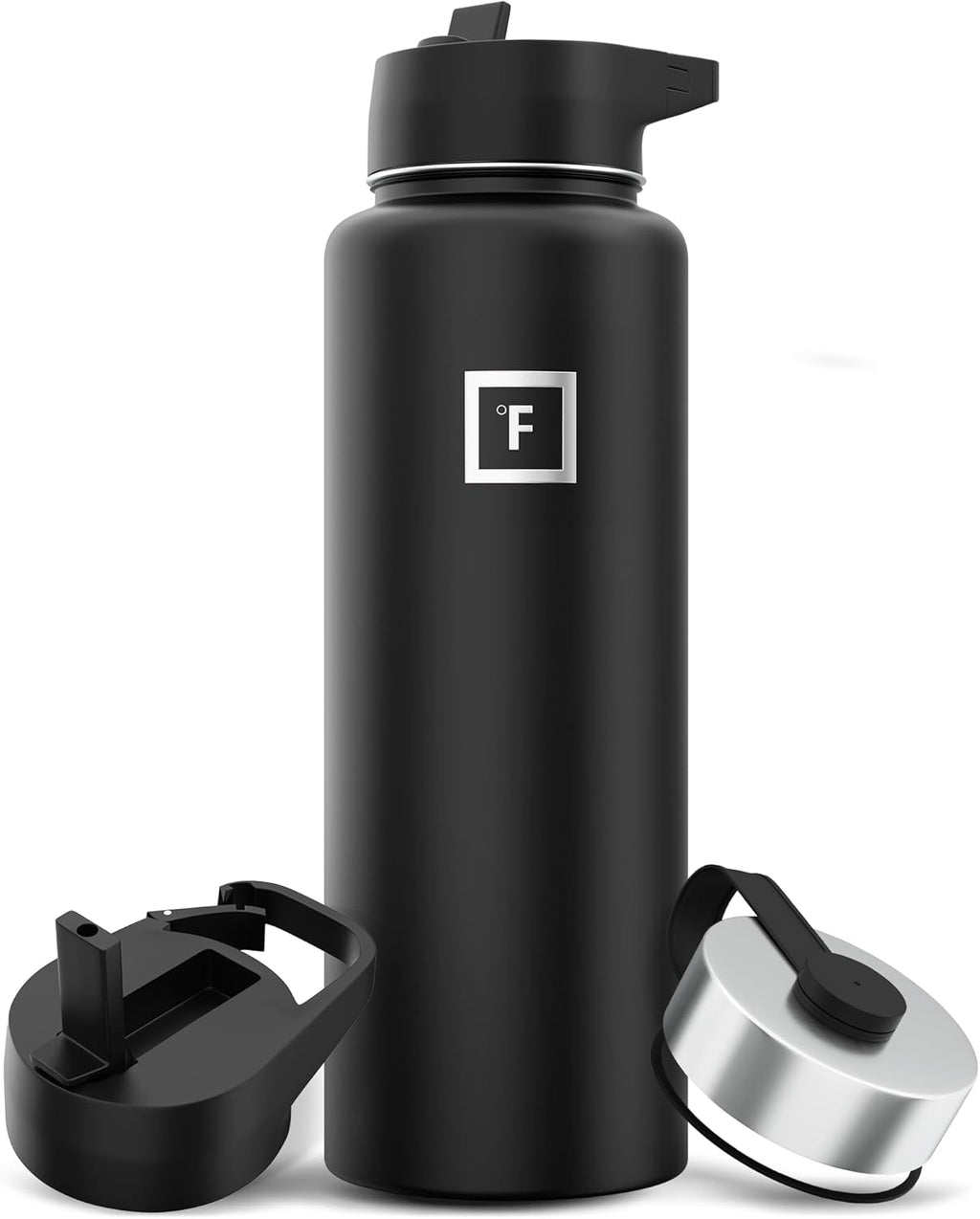 IRON °FLASK Camping & Hiking Hydration Flask with 3 Lids - Stainless Steel, Double Walled & Vacuum Insulated Water Bottle - Leak Proof & BPA Free (Midnight Black, Straw - 40 oz)