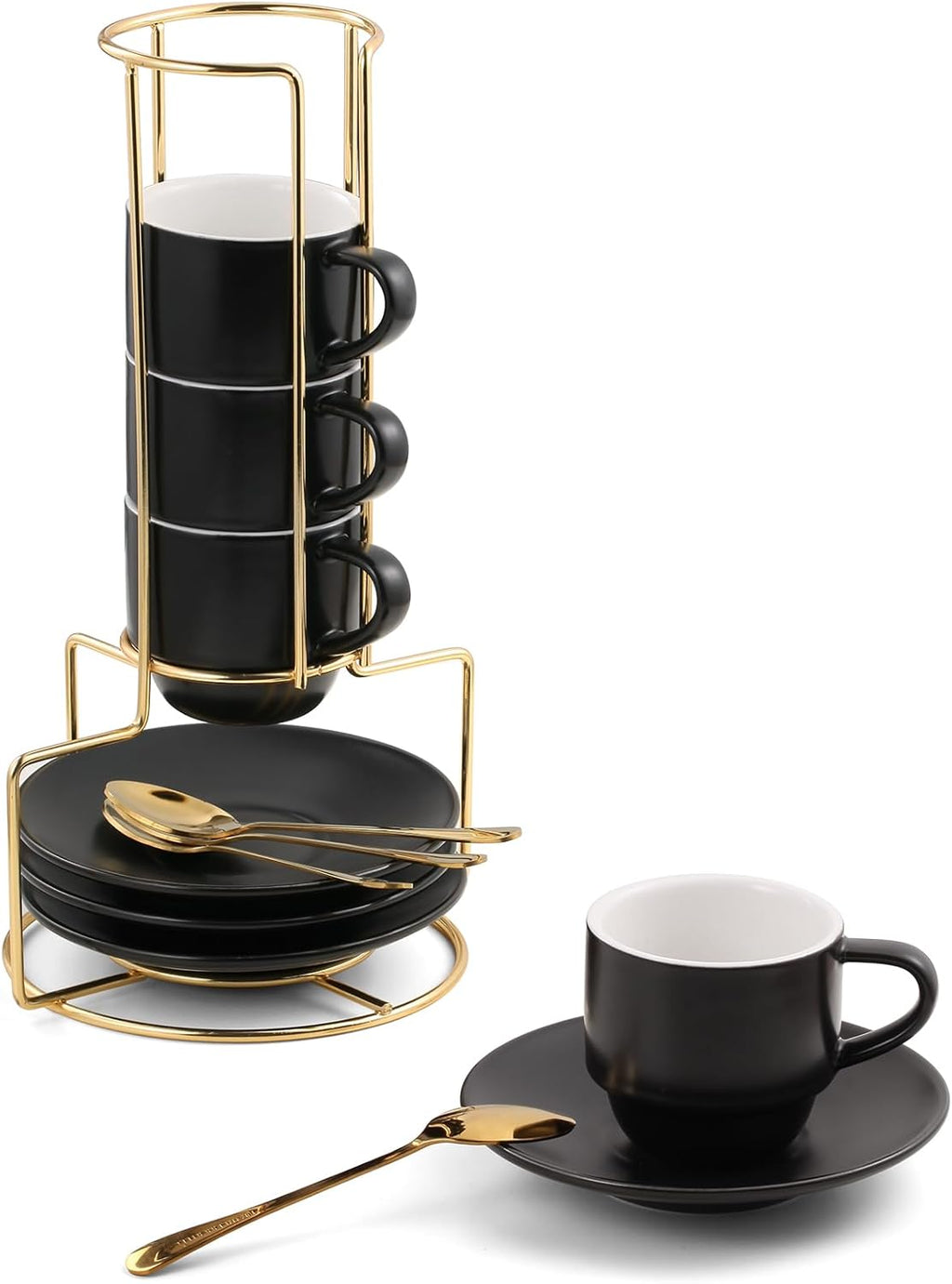 Lareina 3-Ounce Espresso Cups Set of 4, Small Stackable Coffee Cups with Saucers, Spoons and Metal Stand, Ceramic Demitasse Mugs, Espresso Accessories for Machine, Black